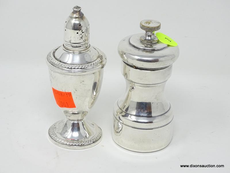 (SHOW) STERLING SALT AND PEPPER SHAKER; 2 PIECE LOT OF STERLING TO INCLUDE A 4 IN TALL "DUCHIN