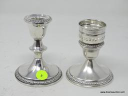 (SHOW) LOT OF STERLING CANDLE HOLDERS; PAIR OF STERLING 4 IN TALL "CROWN" CANDLE HOLDERS, WEIGHTED.