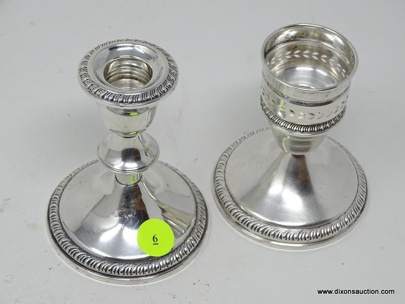 (SHOW) LOT OF STERLING CANDLE HOLDERS; PAIR OF STERLING 4 IN TALL "CROWN" CANDLE HOLDERS, WEIGHTED.