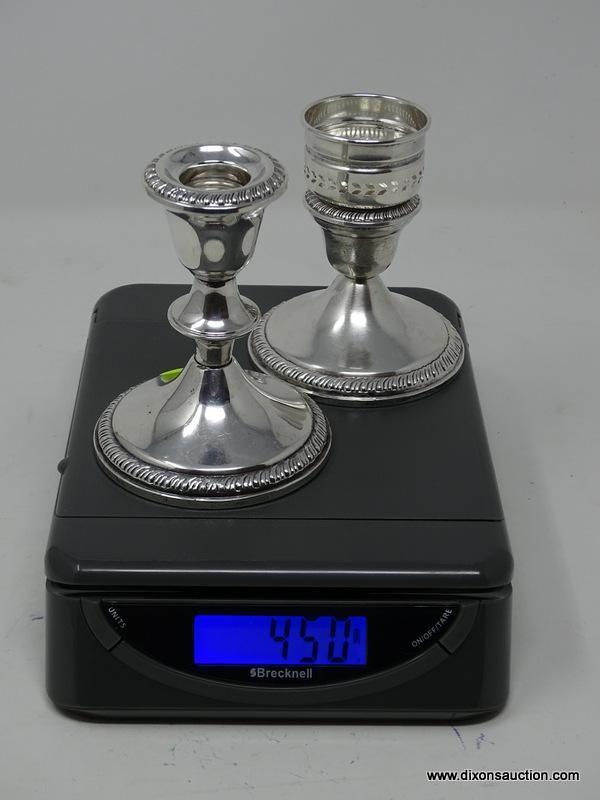 (SHOW) LOT OF STERLING CANDLE HOLDERS; PAIR OF STERLING 4 IN TALL "CROWN" CANDLE HOLDERS, WEIGHTED.