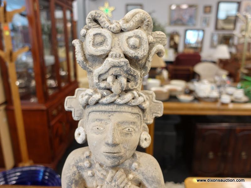 (R1) AZTEC POTTERY ART FLOWER POT; AZTEC STATUE WITH A HOLE FOR FLOWER ON THE BACK OF HIS HEAD. HAS