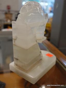 (R1) MARBLE HORSE HEAD STATUE; WHITE MARBLE HORSE HEAD, RESEMBLES A KNIGHT CHESS PIECE. MEASURES 6.5