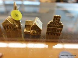 (R1) BUILDING KNICK KNACKS; 6 PIECE LOT OF UNIQUE GOLD TONED, SMALL, METAL BUILDING KNICK KACKS.