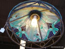 STAINED GLASS CHANDELIER; BLUE, TURQUOISE, AND GREEN STAINED GLASS CHANDELIER IN EXCELLENT