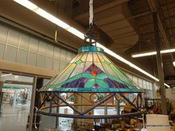 STAINED GLASS CHANDELIER; BLUE, TURQUOISE, AND GREEN STAINED GLASS CHANDELIER IN EXCELLENT