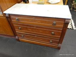(R1) CHEST OF DRAWERS; WOODEN 3-DRAWERS CHEST OF DRAWERS WITH A WHITE MARBLE TABLE TOP. HAS REEDED