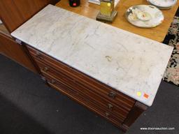 (R1) CHEST OF DRAWERS; WOODEN 3-DRAWERS CHEST OF DRAWERS WITH A WHITE MARBLE TABLE TOP. HAS REEDED