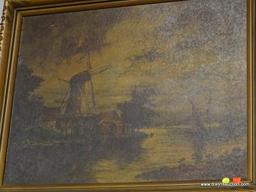 (WALL) PAINTING ON BOARD; ANTIQUE PAINTING ON BOARD OF A WATERMILL ON A RIVER WITH A SAILBOAT ON THE