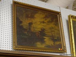 (WALL) PAINTING ON BOARD; ANTIQUE PAINTING ON BOARD OF A WATERMILL ON A RIVER WITH A SAILBOAT ON THE