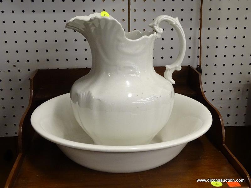 (R1) PITCHER WITH BASIN; HOMER LAUGHLIN, WHITE WASH BASIN WITH SHELL DETAILED PITCHER. BASIN HAS A