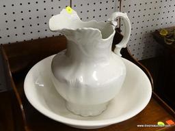 (R1) PITCHER WITH BASIN; HOMER LAUGHLIN, WHITE WASH BASIN WITH SHELL DETAILED PITCHER. BASIN HAS A