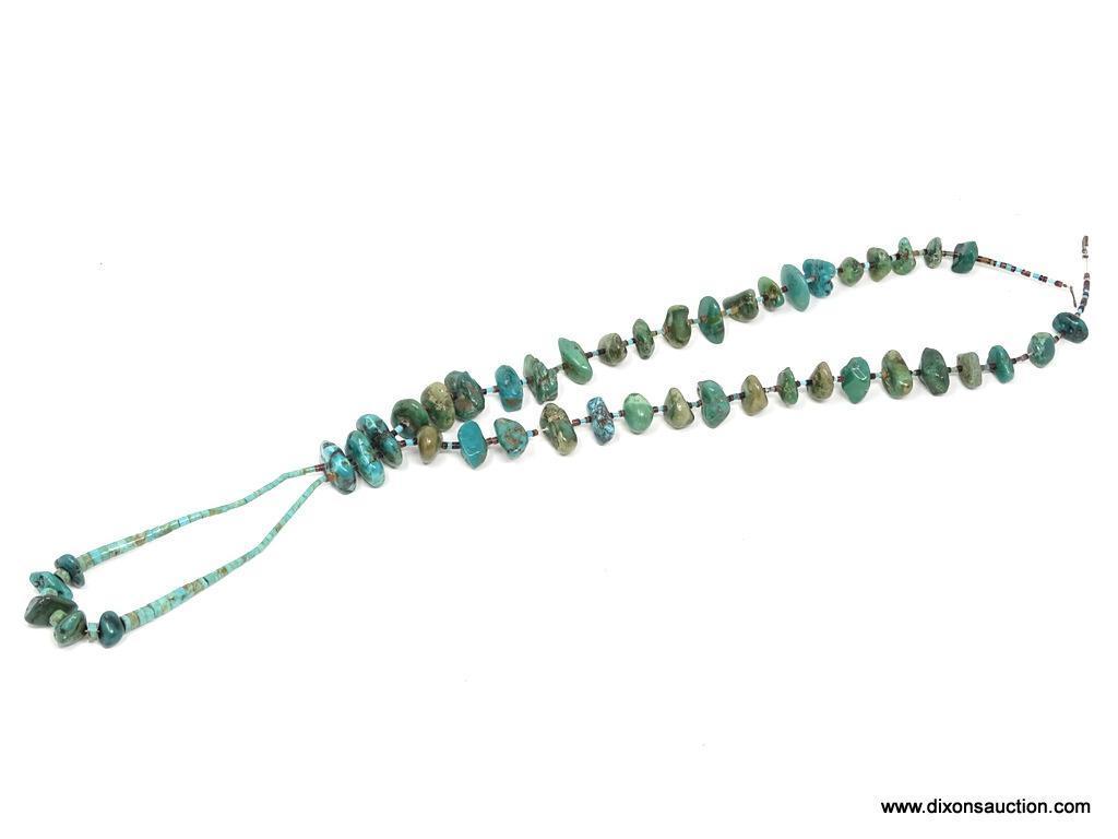 TURQUOISE AND SHELL NECKLACE; 29 IN LONG NECKLACE WITH LARGE STONES AND AN ADDITIONAL 6 IN LONG