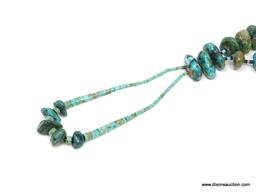 TURQUOISE AND SHELL NECKLACE; 29 IN LONG NECKLACE WITH LARGE STONES AND AN ADDITIONAL 6 IN LONG