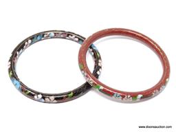 PAIR OF CLOISONNE BRACELETS; INCLUDES A BROWN AND A BLACK PINK AND BLUE FLORAL CLOISONNE BANGLE