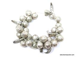 CELESTIAL PEWTER BRACELET; LARGE ROUND PEWTER BEADS WITH CRESCENT MOONS HANGING BETWEEN THE BEADS.