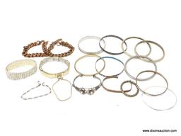 ASSORTED BRACELETS; 17 BRACELETS INCLUDING RHINESTONES, THICK CHAIN, SILVER TONE BANGLES, CLOISONNE,