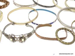 ASSORTED BRACELETS; 17 BRACELETS INCLUDING RHINESTONES, THICK CHAIN, SILVER TONE BANGLES, CLOISONNE,