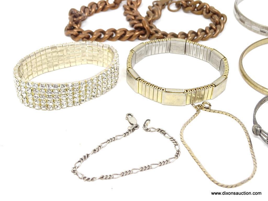 ASSORTED BRACELETS; 17 BRACELETS INCLUDING RHINESTONES, THICK CHAIN, SILVER TONE BANGLES, CLOISONNE,