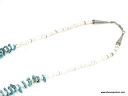 TURQUOISE AND PUKA SHELL NECKLACE; MEDIUM SIZE TURQUOISE STONES SEPARATED BY SMALL PUKA SHELLS. HAS