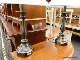 (R1) PAIR OF BRUSHED METAL TABLE LAMPS; EACH TABLE LAMP HAS A RECTANGULAR SHAPED WHITE LAMP SHADE