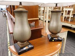 (R1) PAIR OF CONTEMPORARY URN STYLE TABLE LAMPS; EACH HAS A BALL FINIAL AT TOP, WITH OBLONG WHITE