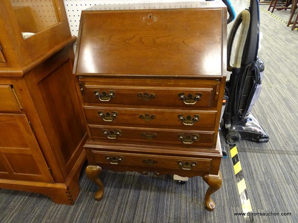 (R1) MADDOX FALL FRONT DESK; WOODEN FALL FRONT DESK WITH 4 LOWER DOVETAIL DRAWERS THAT HAVE 2