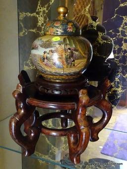 (LR) GINGER JAR AND STAND; ORIENTAL GINGER JAR ON ROSEWOOD STAND- JAR- 9 IN H- STAND- 8 IN H