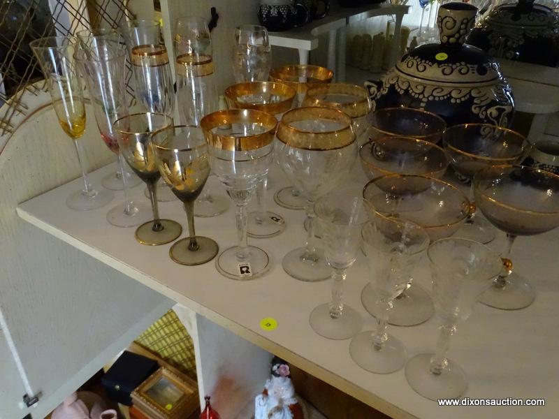 (LR) SHELF LOT OF STEMWARE; LOT CONTAINS 4 ETCHED COLORED MATCHING CHAMPAGNE FLUTES, 5 AMETHYST AND