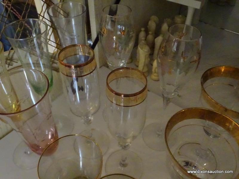 (LR) SHELF LOT OF STEMWARE; LOT CONTAINS 4 ETCHED COLORED MATCHING CHAMPAGNE FLUTES, 5 AMETHYST AND