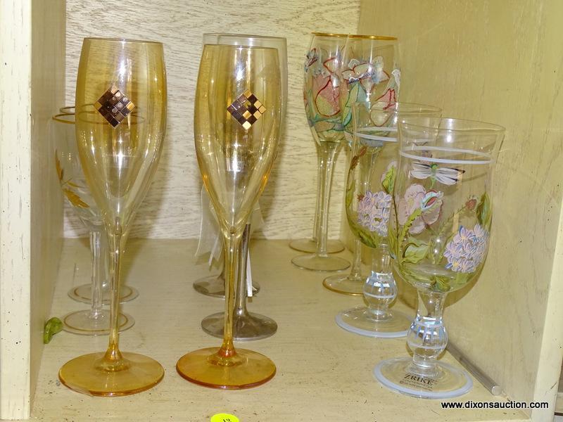 (LR) SHELF LOT OF STEMWARE; LOT CONTAINS HAND PAINTED CHAMPAGNE AND WATER GLASSES BY ZRIKE AND