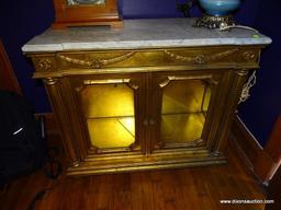 (LR) DISPLAY CREDENZA; GOLD GILT MARBLE TOP DISPLAY CREDENZA, 2 LOWER GLASS FRONT DOORS WITH GLASS