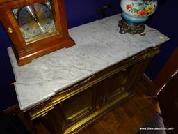 (LR) DISPLAY CREDENZA; GOLD GILT MARBLE TOP DISPLAY CREDENZA, 2 LOWER GLASS FRONT DOORS WITH GLASS