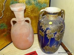 (LR) 2 LARGE VASES- TERRACOTTA VASE- 17 IN H AND AN ANTIQUE SATSUMA VASE WITH REPAIR- 15 IN H
