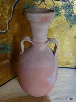(LR) 2 LARGE VASES- TERRACOTTA VASE- 17 IN H AND AN ANTIQUE SATSUMA VASE WITH REPAIR- 15 IN H