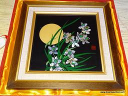 (LR) FRAMED LACQUER PAINTING; ORIENTAL FRAMED LACQUER PAINTING AND CASE, WALNUT FRAMED LACQUER