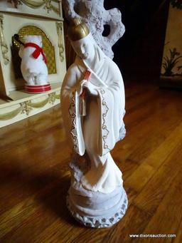 (LR) STATUE; CAST PLASTER STATUE OF ORIENTAL PRIEST (SHOWS REPAIR TO BASE)- 22 IN H