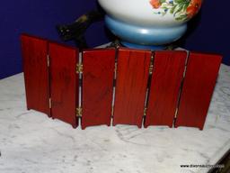 (LR) MINATURE SCREEN; TEAKWOOD PAINTED RED MINATURE SCREEN WITH BRASS AND ENAMEL PLATED PLATES