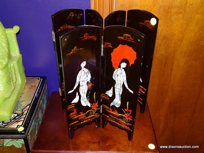 (LR) FOLDING TABLE SCREENS; 2 BLACK LACQUER AND SHELL INLAID FOLDING TABLE SCREENS WITH PAINTED
