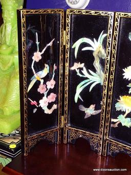 (LR) FOLDING TABLE SCREEN; BLACK LACQUER AND CARVED HARDSTONE FOLDING TABLE SCREEN WITH HARDSTONE