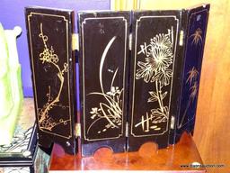 (LR) FOLDING TABLE SCREEN; BLACK LACQUER AND CARVED HARDSTONE FOLDING TABLE SCREEN WITH HARDSTONE