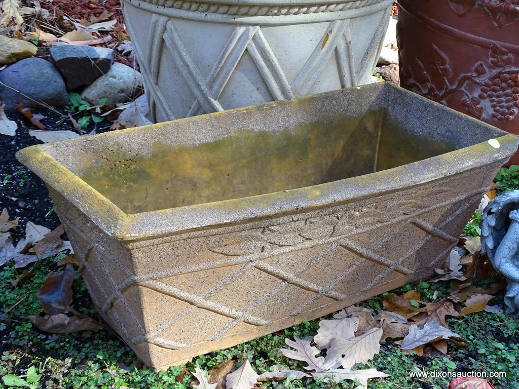 (BACKYD) MISC.. LOT; 2 COMPOSITION PLANTERS- 21 IN H, RECTANGULAR COMPOSITION PLANTER- 29 IN X 16 IN