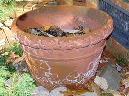 (BACKYD) PLANTERS; COMPOSITION GRAPE PATTERNED PLANTER- 16 IN H, DAMAGED TERRACOTTA PLANTER- 16 IN H