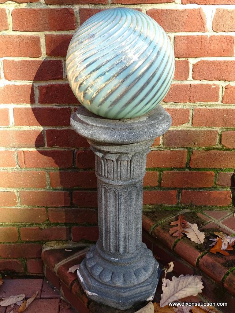 (BACKYARD) PEDESTAL AND BALL; COMPOSITION COLUMNED PEDESTAL WITH ATTACHED SWIRL PATTERN YARD GAZING