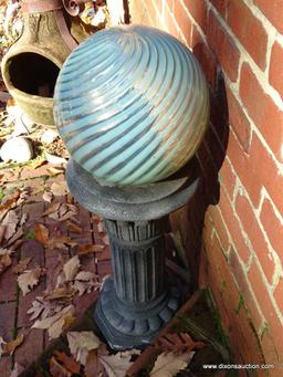 (BACKYARD) PEDESTAL AND BALL; COMPOSITION COLUMNED PEDESTAL WITH ATTACHED SWIRL PATTERN YARD GAZING