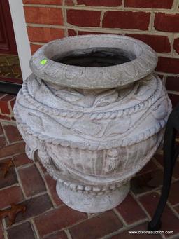 (FRONT-OUT) PLANTER; COMPOSITION EMBOSSED LEAF AND ROPE DRAPED PLANTER-20 IN DIA. X 24 IN