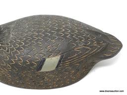 SOLID BODY CONTEMPORARY HAND CARVED BLACK DUCK DECOY. SIGNED D HOAG. GLASS EYES. RELIEF CARVED