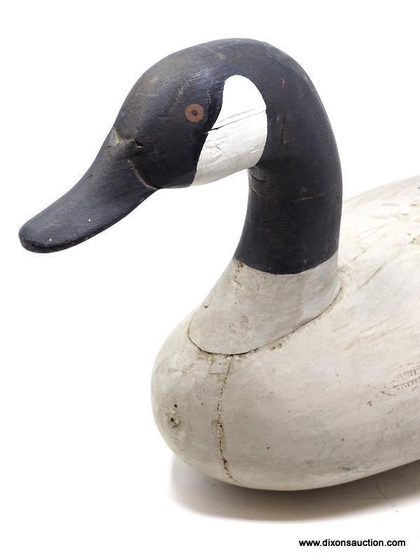 VINTAGE CARVED CANADIAN GOOSE DECOY. SOLID PINE BODY. PAINTED EYES. POSSIBLY MADE BY PAUL GIBSON.