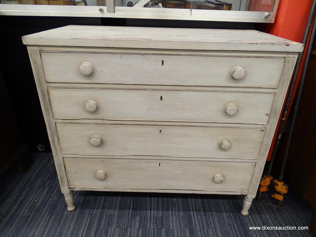 MAHOGANY 4-DRAWER BUREAU; PAINTED OFF WHITE OVER AN OLDER BROWN MAHOGANY FINISH. HAS REEDED FRONT