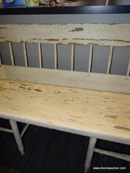 VINTAGE HITCHCOCK STYLE BENCH; HAS A REVERSIBLE BACK, WHITE PAINT, TURNED LEGS, ONE BOARD POPLAR
