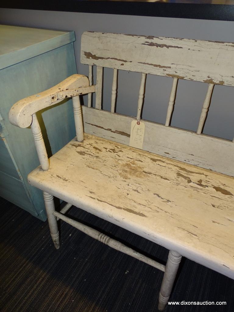 VINTAGE HITCHCOCK STYLE BENCH; HAS A REVERSIBLE BACK, WHITE PAINT, TURNED LEGS, ONE BOARD POPLAR